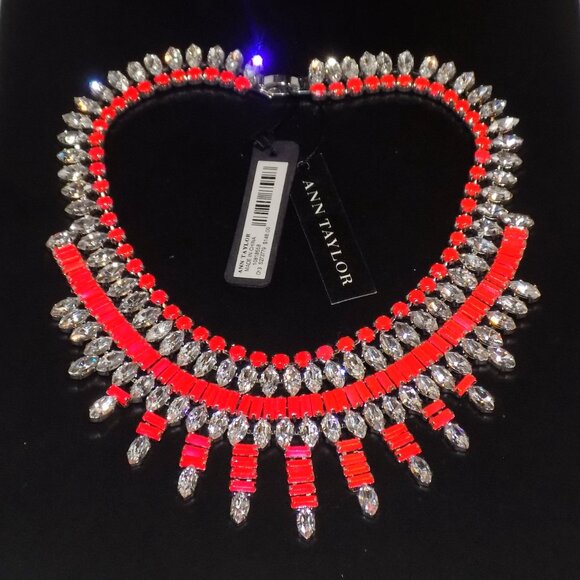 New $148 Ann Taylor Pronged Crystal & Neon Pink Statement Bling Collar Necklace - Picture 2 of 9